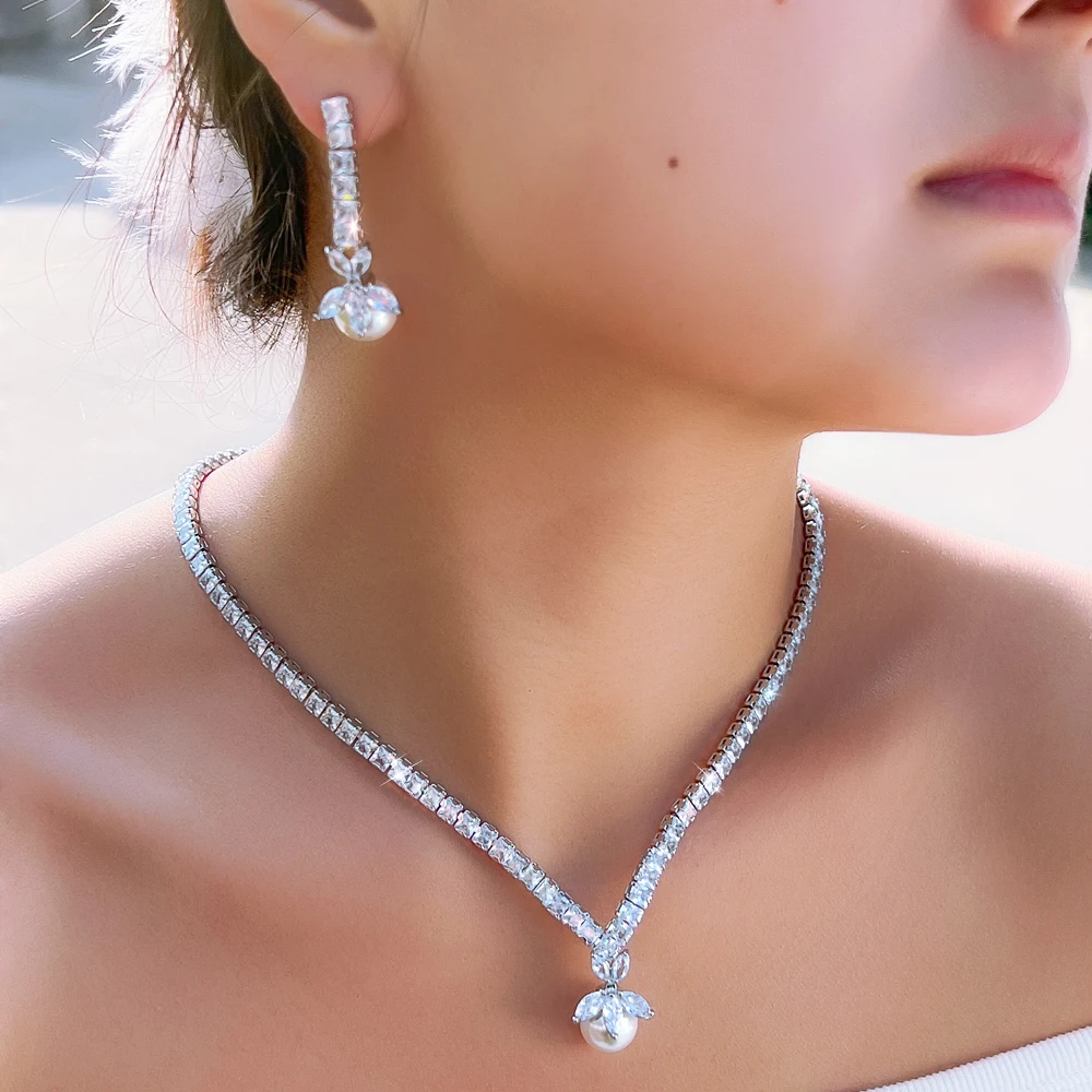 ThreeGraces Elegant Sparkling Square Zirconia Simulated Pearl Bridal Wedding Evening Party Leaf Jewelry Set for Women T08711