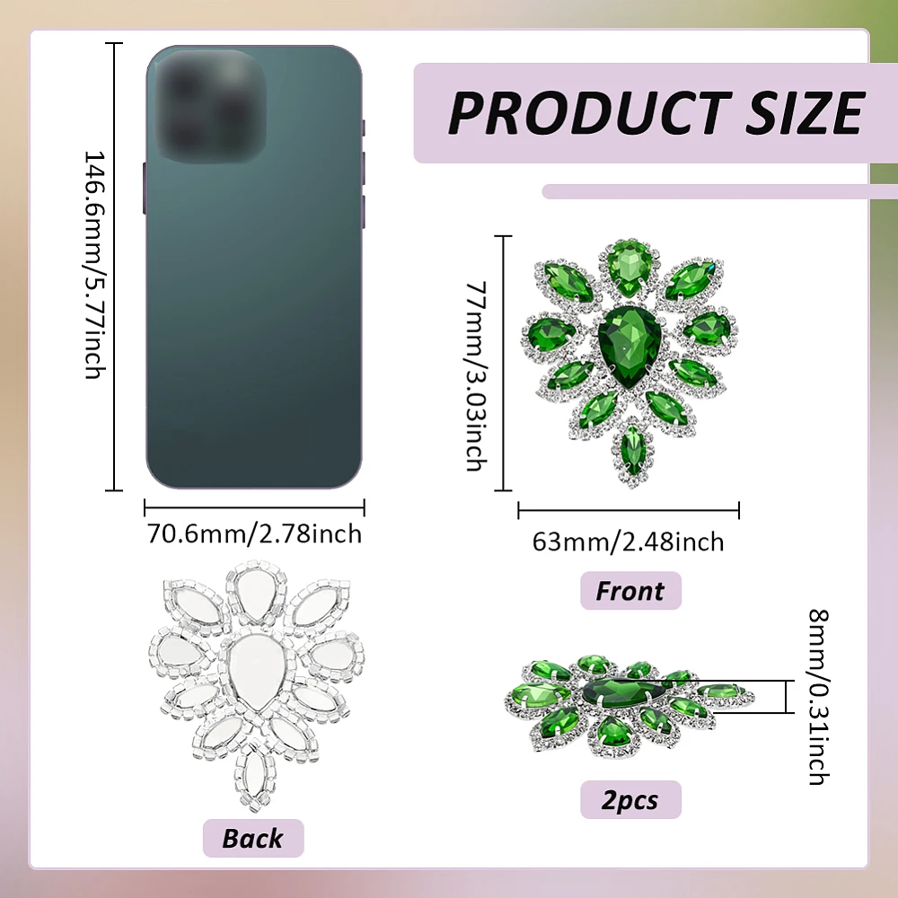 2 PCS Rhinestone Applique Peridot Teardrop Shape Rhinestone Appliques Wedding Bridal Decorative Patches Beaded Flower Patch