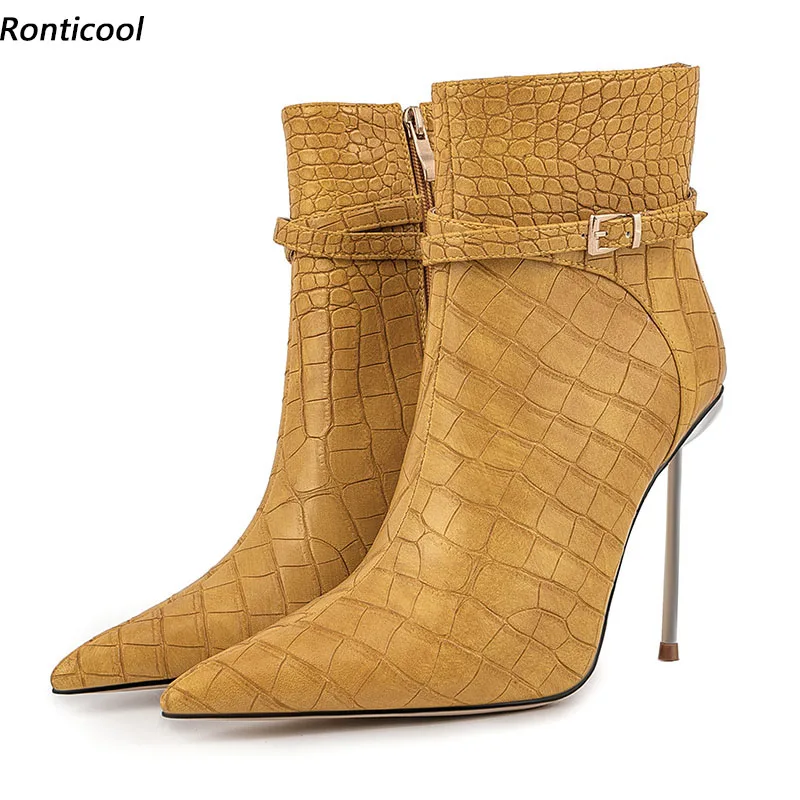 

Ronticool Women Winter Ankle Boots Crocodile Printted Sexy Stiletto Heels Pointed Toe Pretty Brown Dress Shoes Size 6-13