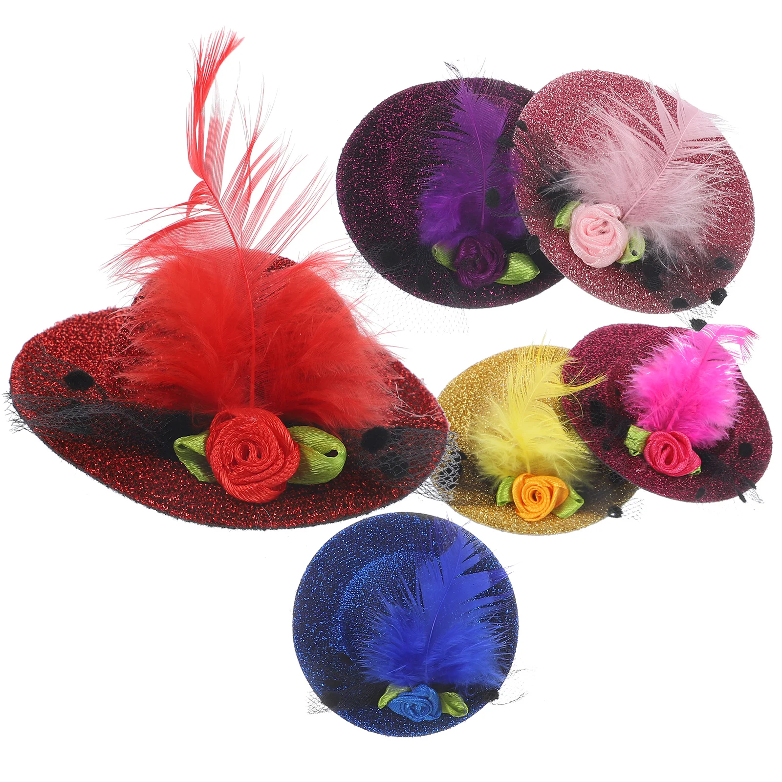

6pcs Mini Hats for Children Toddler Party Hair Clips Decorative Plume Barrettes Red Yellow Purple