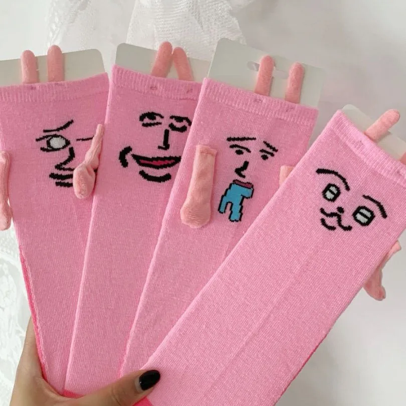 Autumn Winter Thin Pink Bunny Magnetic Socks for Women Mid-Calf Hand-Holding Cute Novelty Anime Maternity Socks