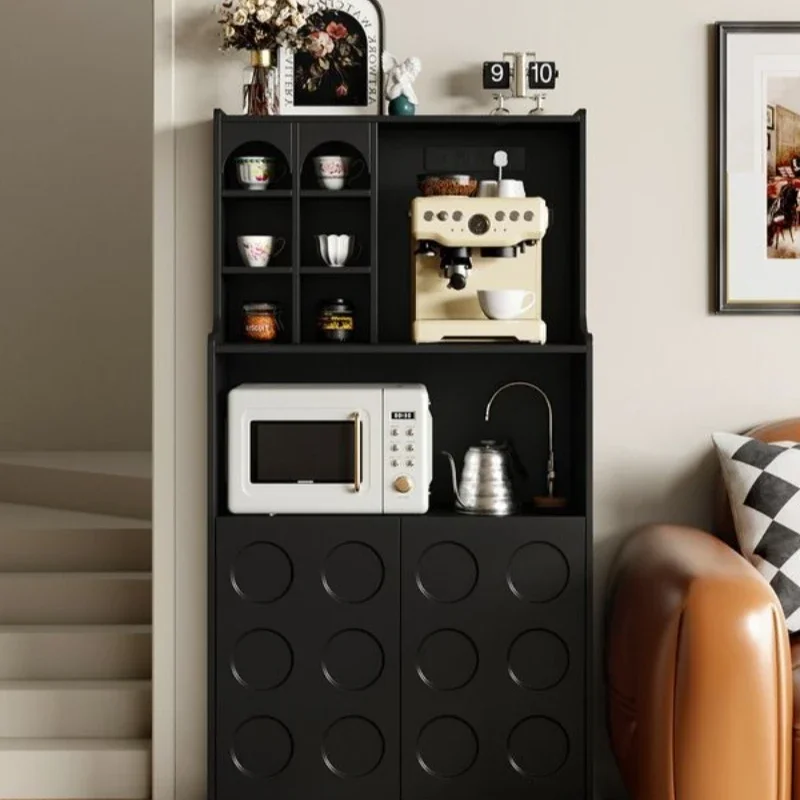 side cabinet integrated, movable microwave oven, storage cabinet advanced sense, black floor type, curved tea cabinet