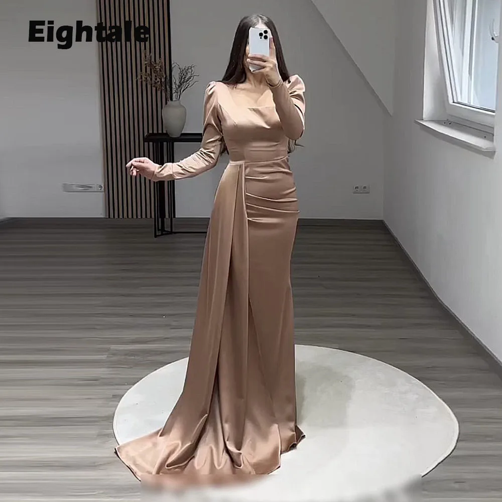 Eightale Formal Occasion Evening Dresses for Wedding Party Customized Satin Mermaid Champagne Long Sleeves Prom Gowns