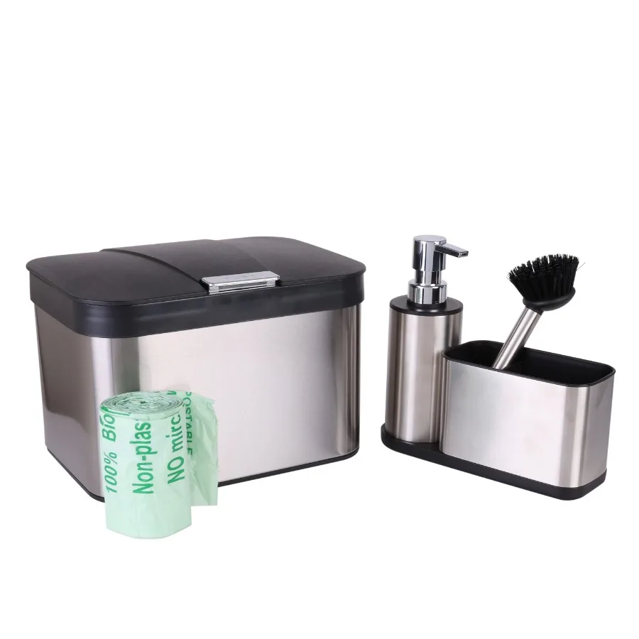 Stainless Steel Compost Bin with Biodegradable Bags, Sink Organizer and Scrub Brush