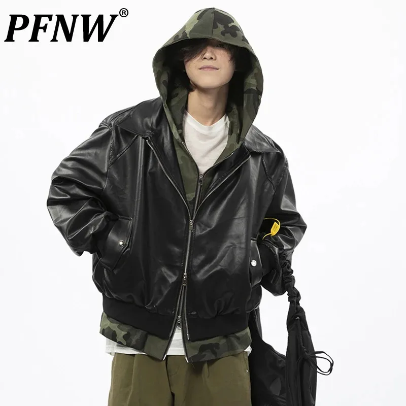 

PFNW Fake Two Piece Camouflage PU Leather Jacket Korean Men's High Street Loose Handsome Hooded Men Tops Autumn Chic New 28W4819