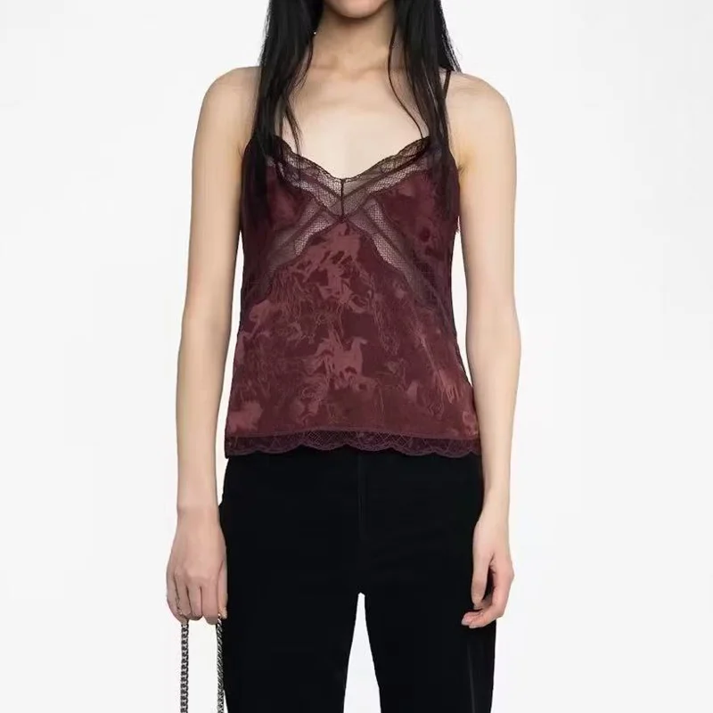 

Female Burgundy Camisoles Lace Backless Tank Black Wing Embroidered Sleeveless Top Women Camisole V-Neck Sling Straps Vest