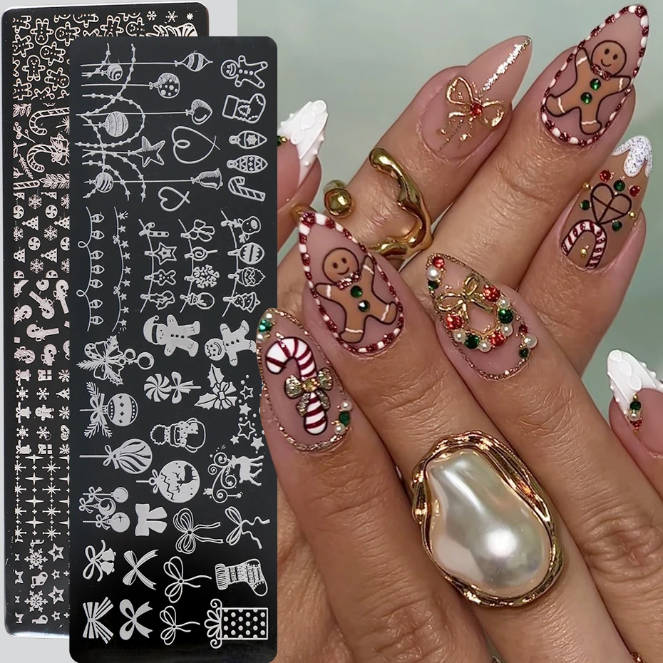 1/2 pcs Gingerbread Man Snowflake Xmas Nail Stamping Plate Christmas Crystal Balls Bow Nail Template Winter Series Manicure Tool