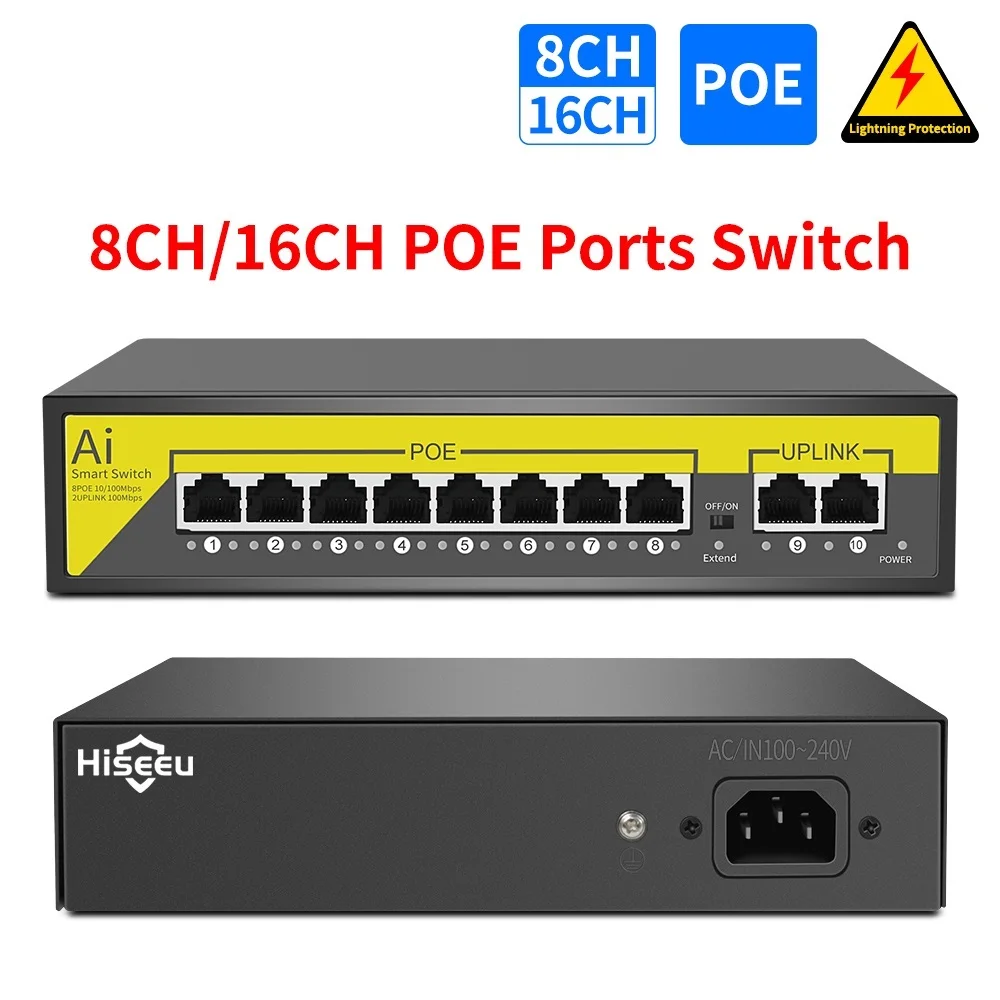 

Top 48V POE Switch 8 16 Ports 2 Uplink 10/100Mbps IEEE 802.3 af/at for IP Camera CCTV Security Camera System Wireless AP