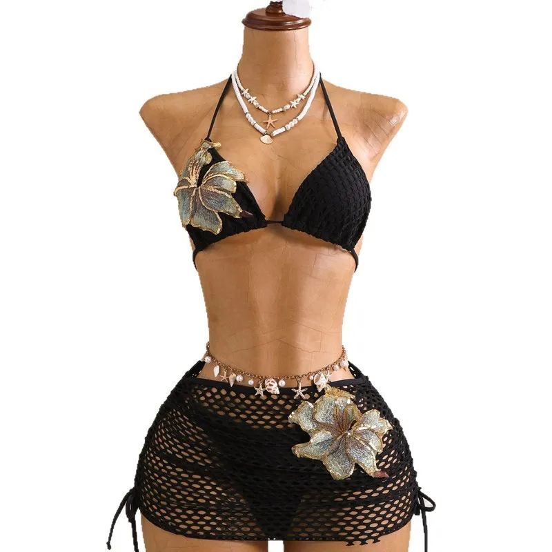 3 Piece Knitted Swimsuits for Women Hollow Out Bikini Set Sexy Beach Vacation Swimwear Cross Border Fashion Trendy