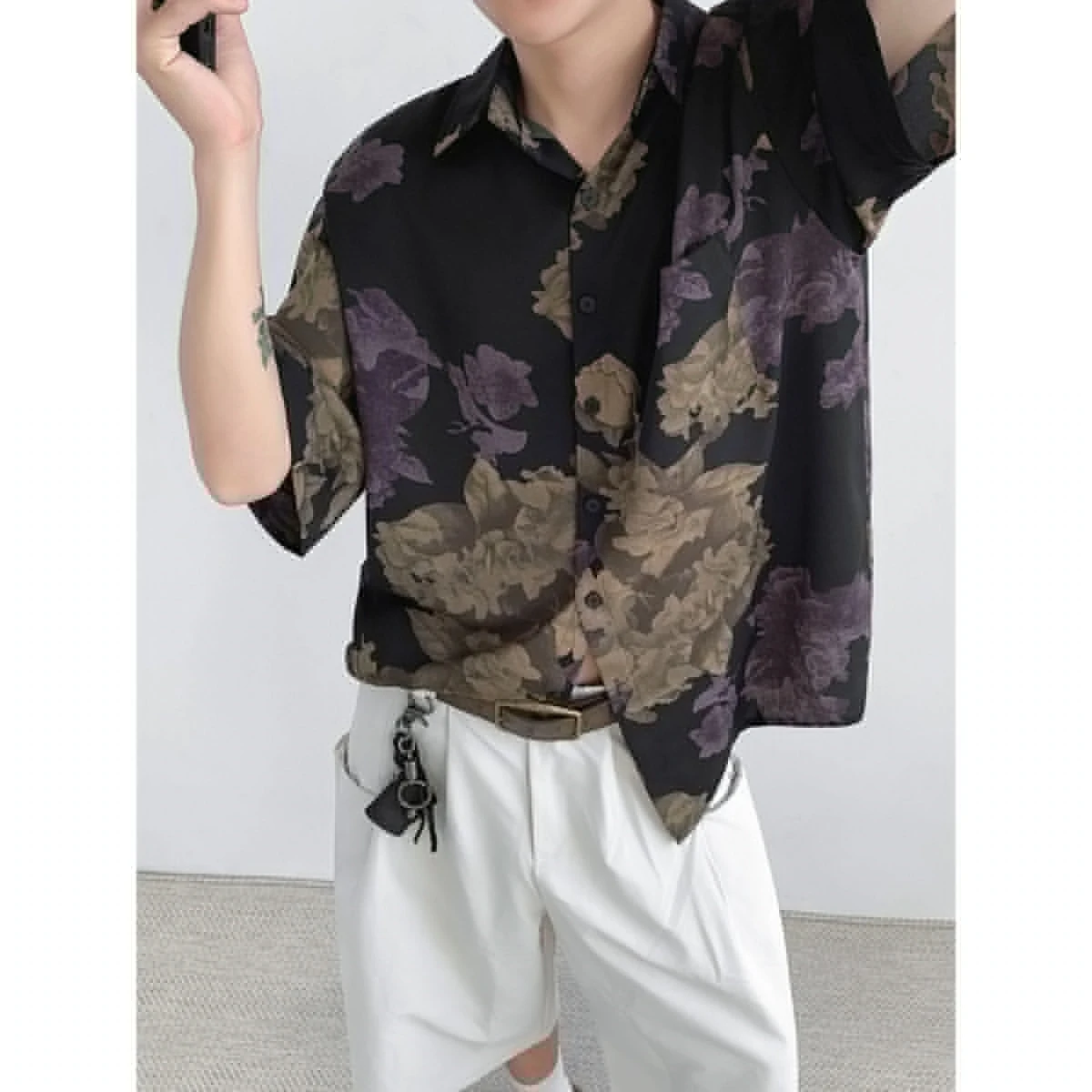 

Summer Men's Loose Casual Short Sleeve Shirt Water-Media Design Half Sleeve Coat Vintage American Style Leisure Holiday Wind