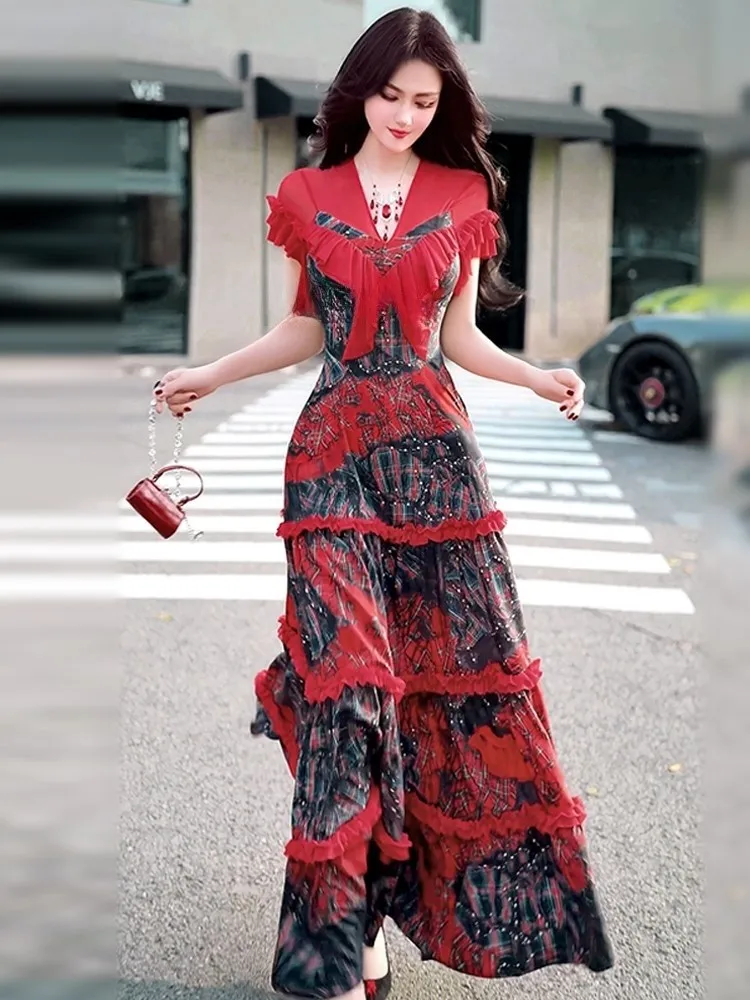 

A new mesh printed collar long dress with cinched waist and knee-length length