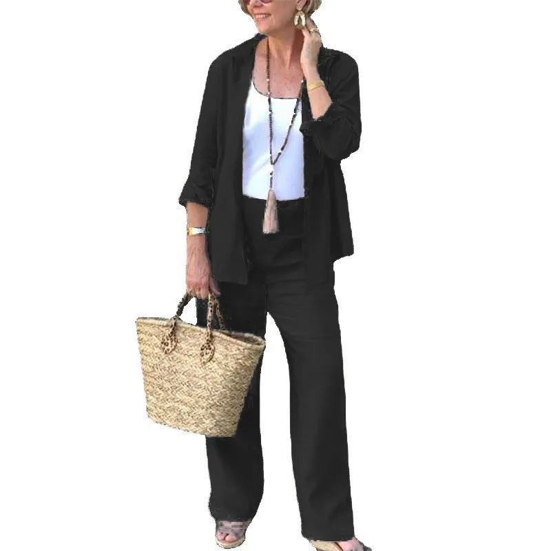Women\'s Solid Color Cotton Linen Pants Suit Lapel Pocket Fashion Spring Summer New Shirt Casual Pants 2-piece Set