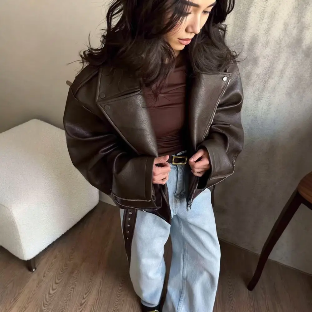 Classic Brown Faux Leather Jacket Women Short Style Lapel Collar Belted Slim Fit Fashion Streetwear Zipper Outwear