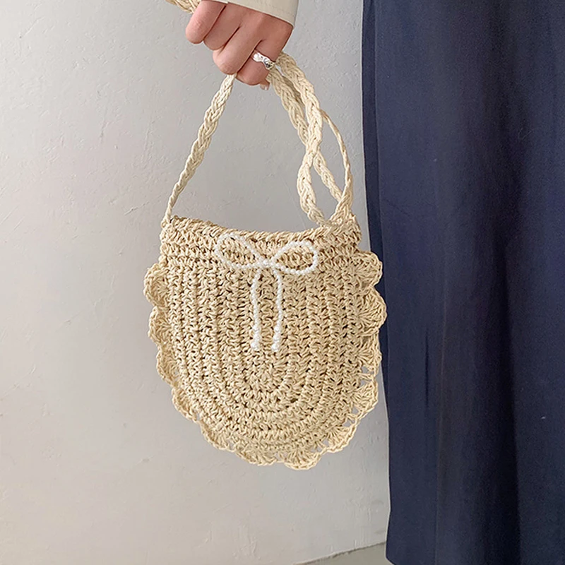 

Пляжная сумка через плечо с жемчужным бантом, летняя винтажная соломенная сумка ручной работы, маленькая богемная сумка-кроссбоди для девочек