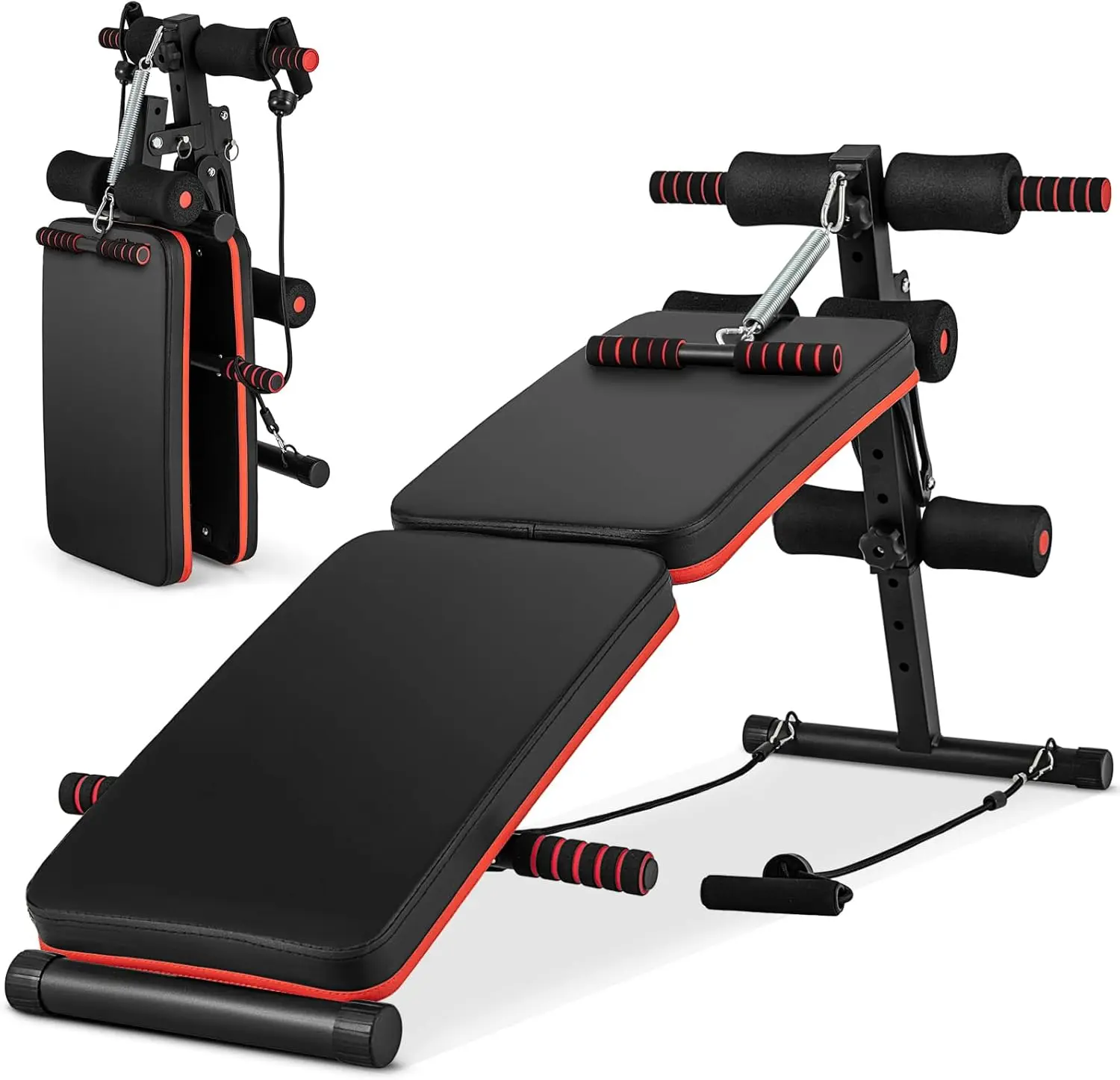 

7 in 1 Sit up Bench Foldable Workout Bench w/4 Position Adjustable Height Multi-Layer Structure Cushion 2 Elastic Ropes Workout