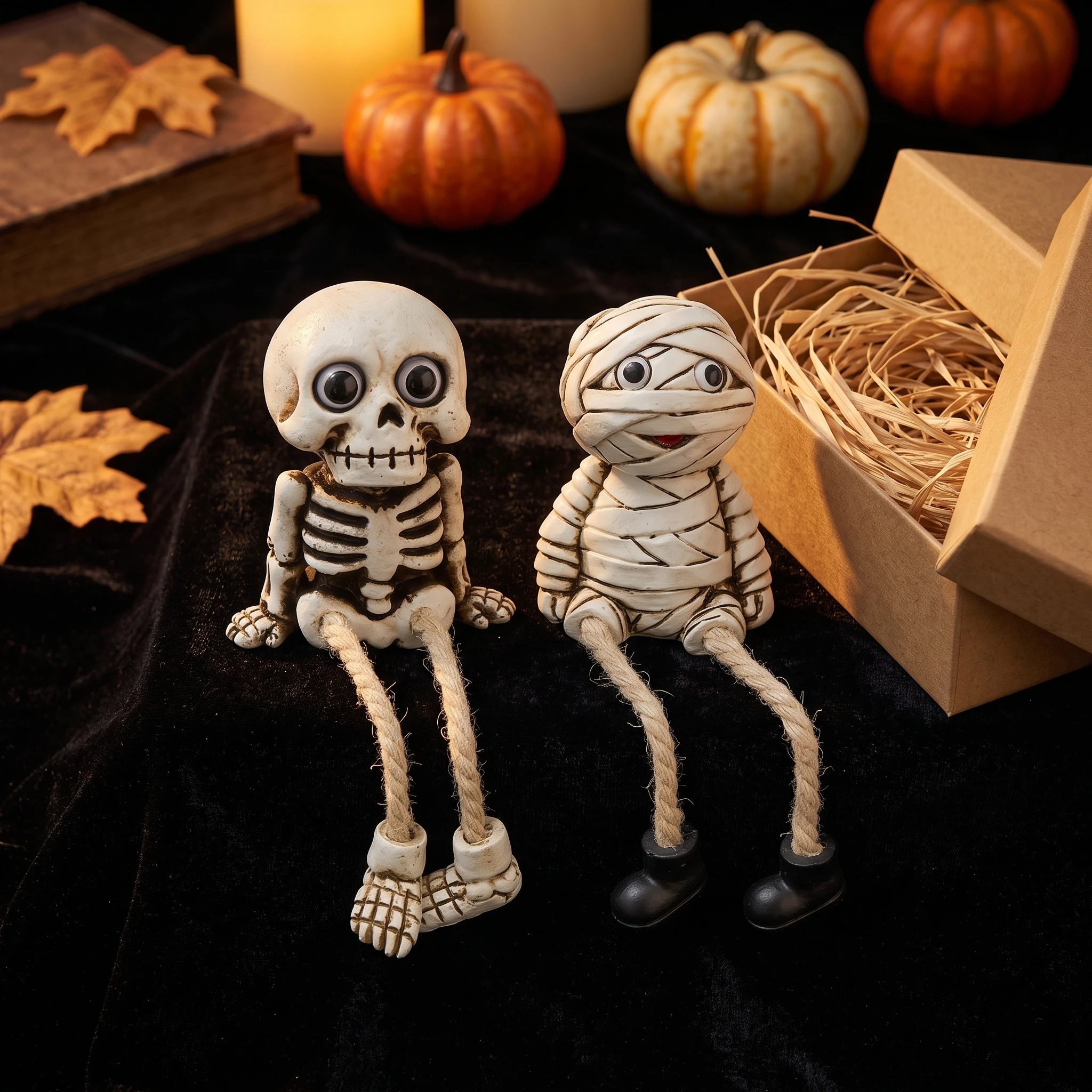 2Pcs Halloween Shelf Sitter Figurines, Mummy & Skeleton Resin Tabletop Ornaments for Indoor Home Halloween Decor