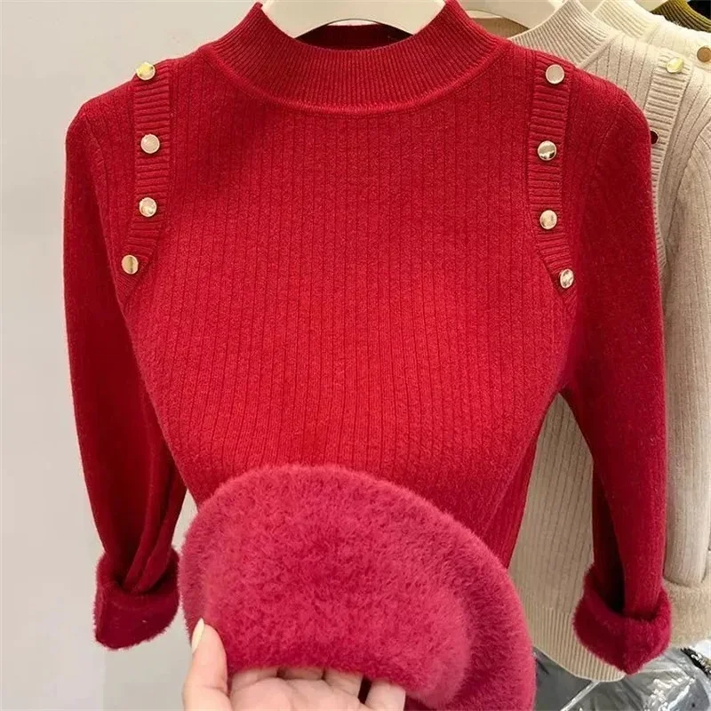 2024 inverno nuovo maglione donna elegante addensare velluto foderato caldo Sueter Pullover lavorato a maglia Slim top Jersey maglieria maglione