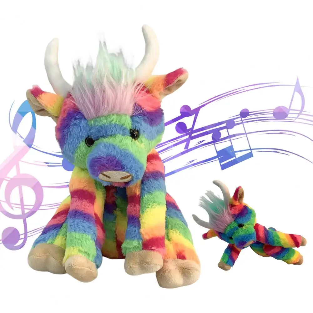 Fluffy Highland Cow Toy Highland Cow Plush Toy with Music Movable Joints White Brown Rainbow Cattle Stuffed for Kids for Home