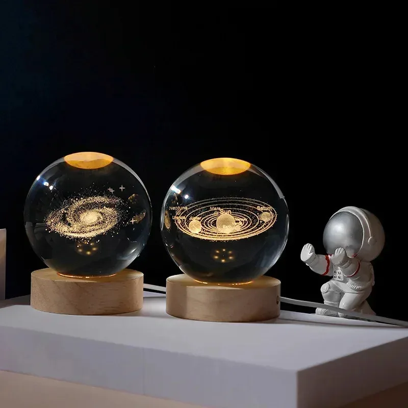 6cm 3D Crystal Ball Planet Night Light Laser Engraved Solar System Glass Globe with LED Base Astronomy Gift Home Desktop Decor