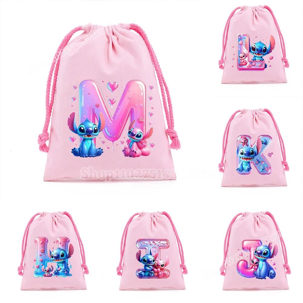 Disney Stitch Letter A-Z Print Drawstring Bags for Kids Girls Draw String Storage Pouch Pink Pouch Party Favor Gift Bag Cotton