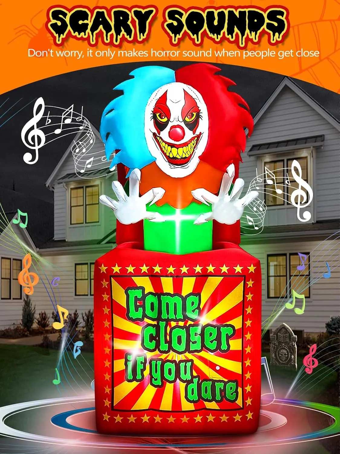 Halloween Inflatables 6.6 FT Animated Clown Outdoor Decorations with Music Built-in LEDs for Yard Circus Clown Box