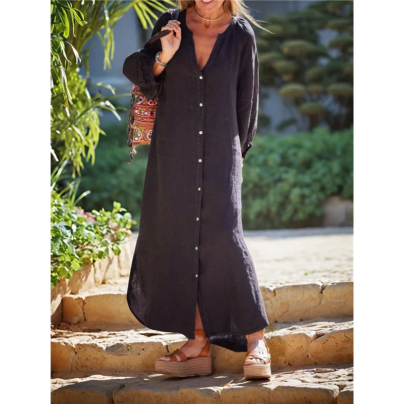 ชุดเดรสเชิ้ตผ้าลินินแขนยาวคอปกทรงหลวมสไตล์ลำลองสำหรับผู้หญิง CGS-Women Summer