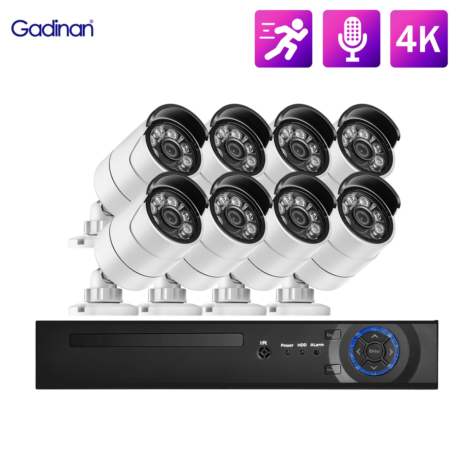 Gadinan H.265+ Audio POE IP Camera 8CH 4K Color Night Vision Outdoor Audio Security Camera Kit Human Detection CCTV Surveilla