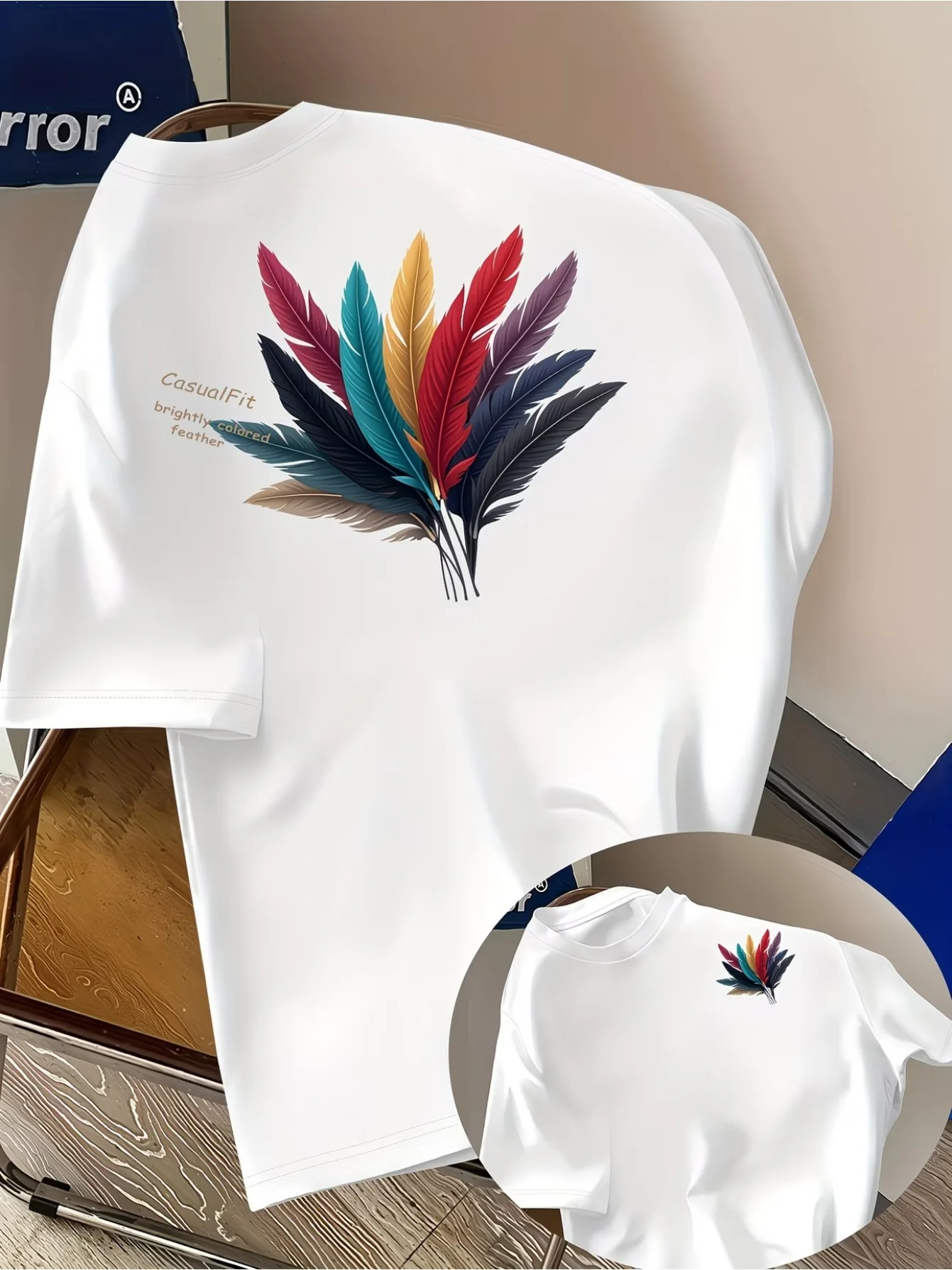 Children's Summer Trendy Colorful Feather Printed T-shirt with Fashionable and Simple Design Versatile Daily Parent-child Outfit