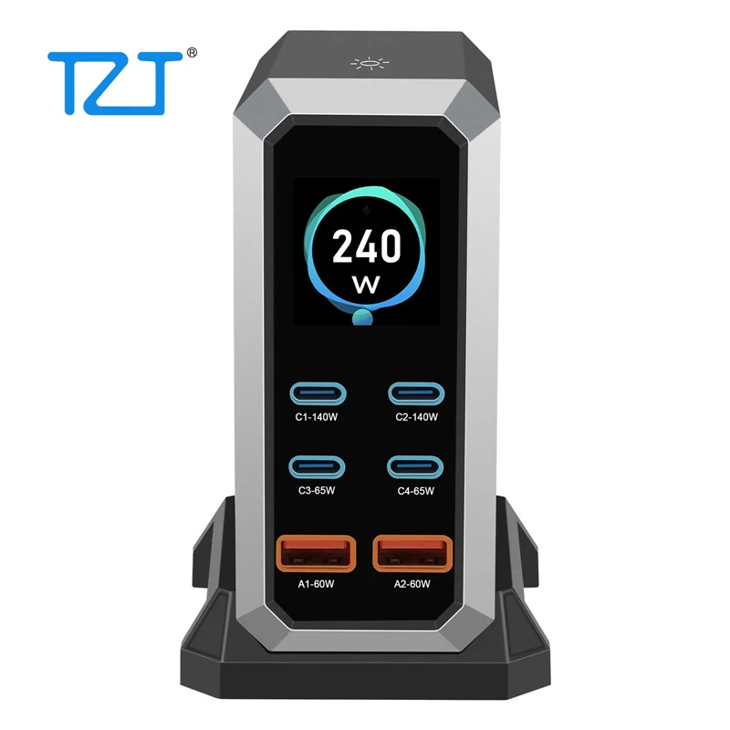 TZT 240W GaN Charger 6-Port USB Charger Station (Black) with Dynamic Display Screen for PC Smartphones
