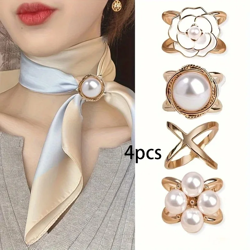 4 Pcs Elegant Golden Faux Pearl Scarf Clip Set - Multifunctional Metal Corner Knot and Ring Clip, for Safe,able Scarf Fixing