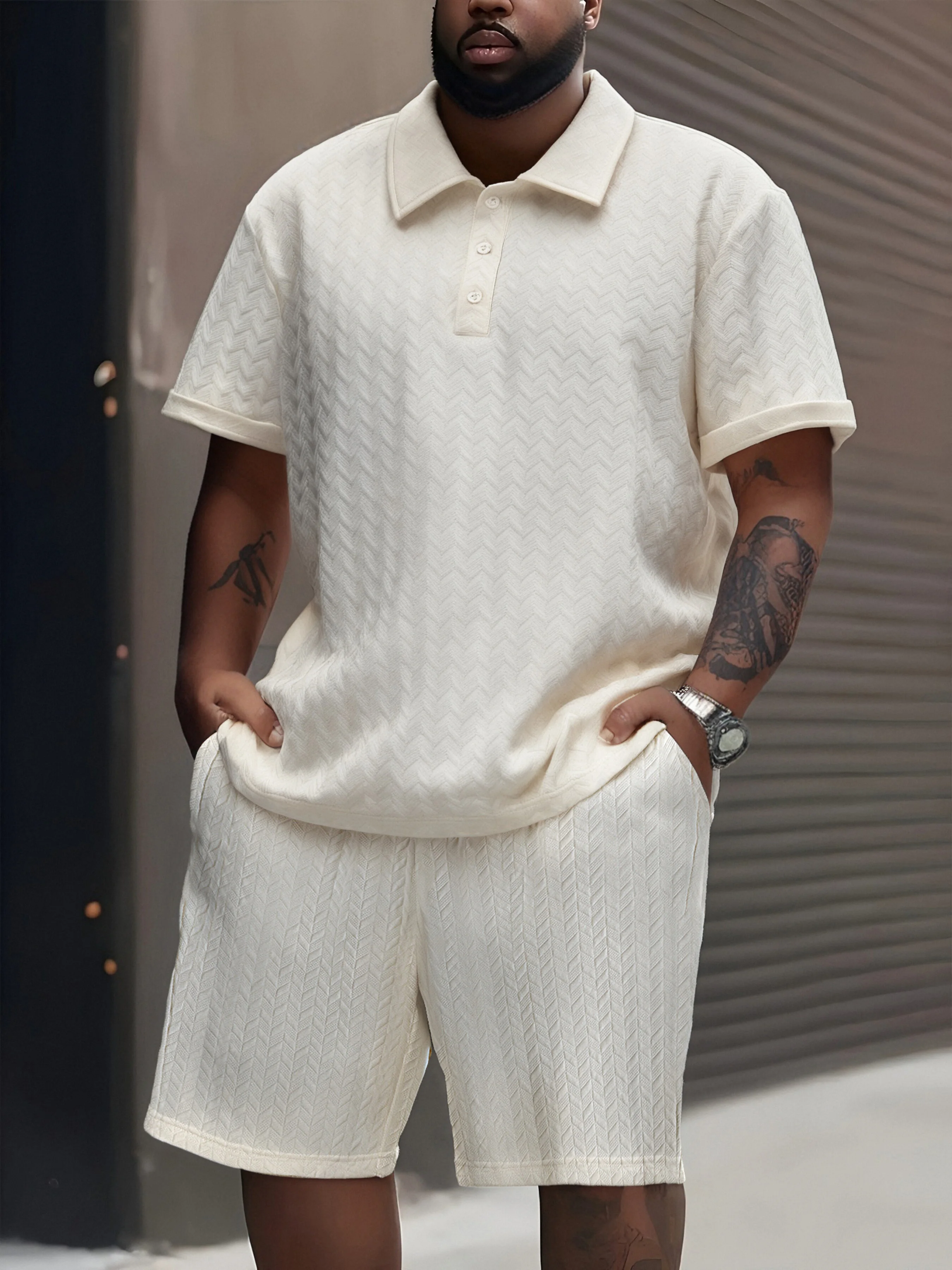 

Men's Plus Size Loose Textured Set Beige Herringbone Polo Tee & Oversized Drawstring Shorts 2 Piece