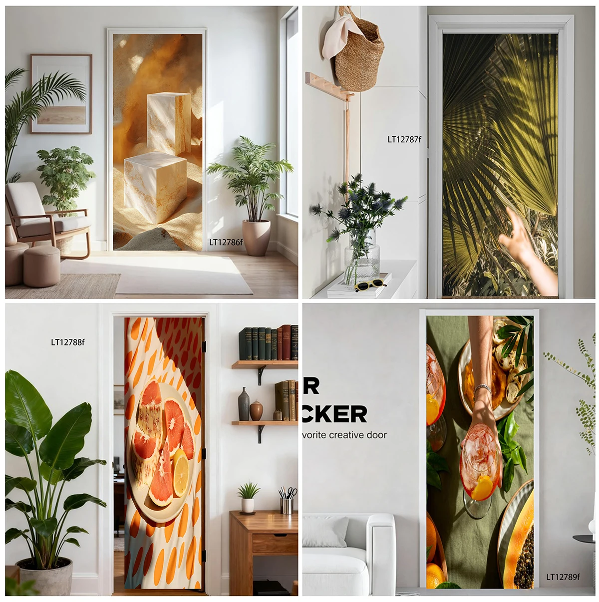 Peel&Stick Vinyl Door Decal Boho Tropical Palm Leaf Citrus Fruit Marble Cube Mural Waterproof Door Room DIY Wall Decor