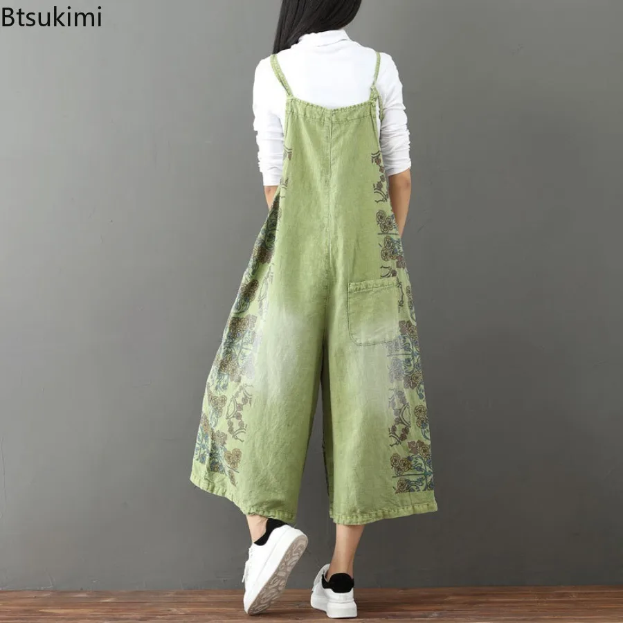 Spring New Strap Denim Pants Women's Vintage Print Jumpsuits Casual Streetwear Loose Ankle-length Wide Leg Overalls Female Jeans