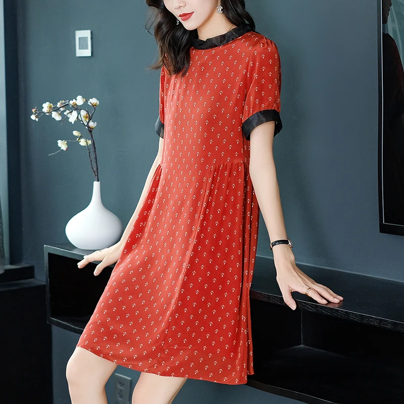 

100% Real Silk Women's Casual Dresses 2024 Summer Elegant Chic Short Sleeve Women Printed Dress A-line Woman Mid Dress Loose