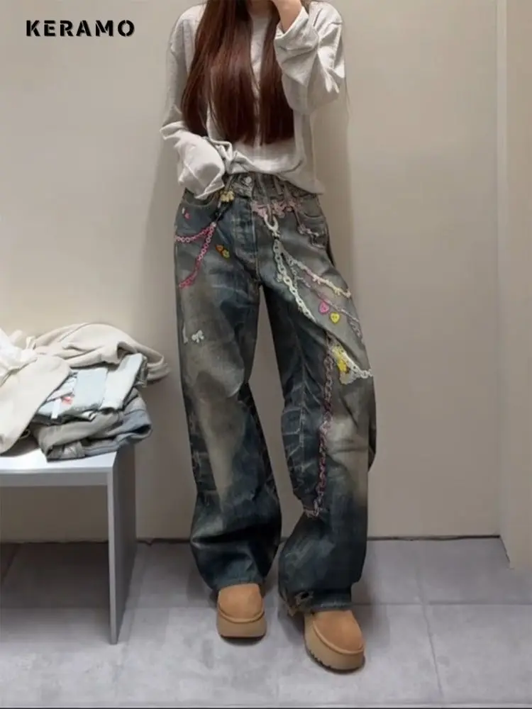 

Women's Casual Baggy Emo Denim Trouser Chain Print Harajuku Loose Jeans 2025 Summer Retro Full Length Y2K 2000s Blue Pants