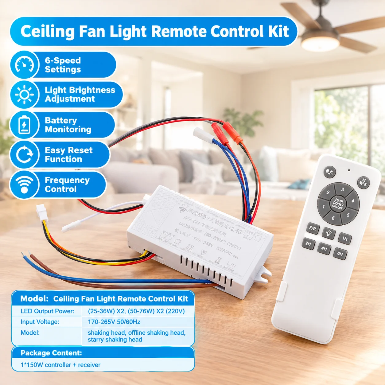 LED Ceiling Fan Remote Control Kit 6-Speed Light Dimming Frequency Control 150W Receiver Battery Monitor for Room Ceiling Fan
