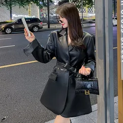 Jaqueta de couro falso feminino, blazer básico preto vintage, outwear feminino casual, manga comprida, casaco feminino PU, primavera, outono, primavera, 2022