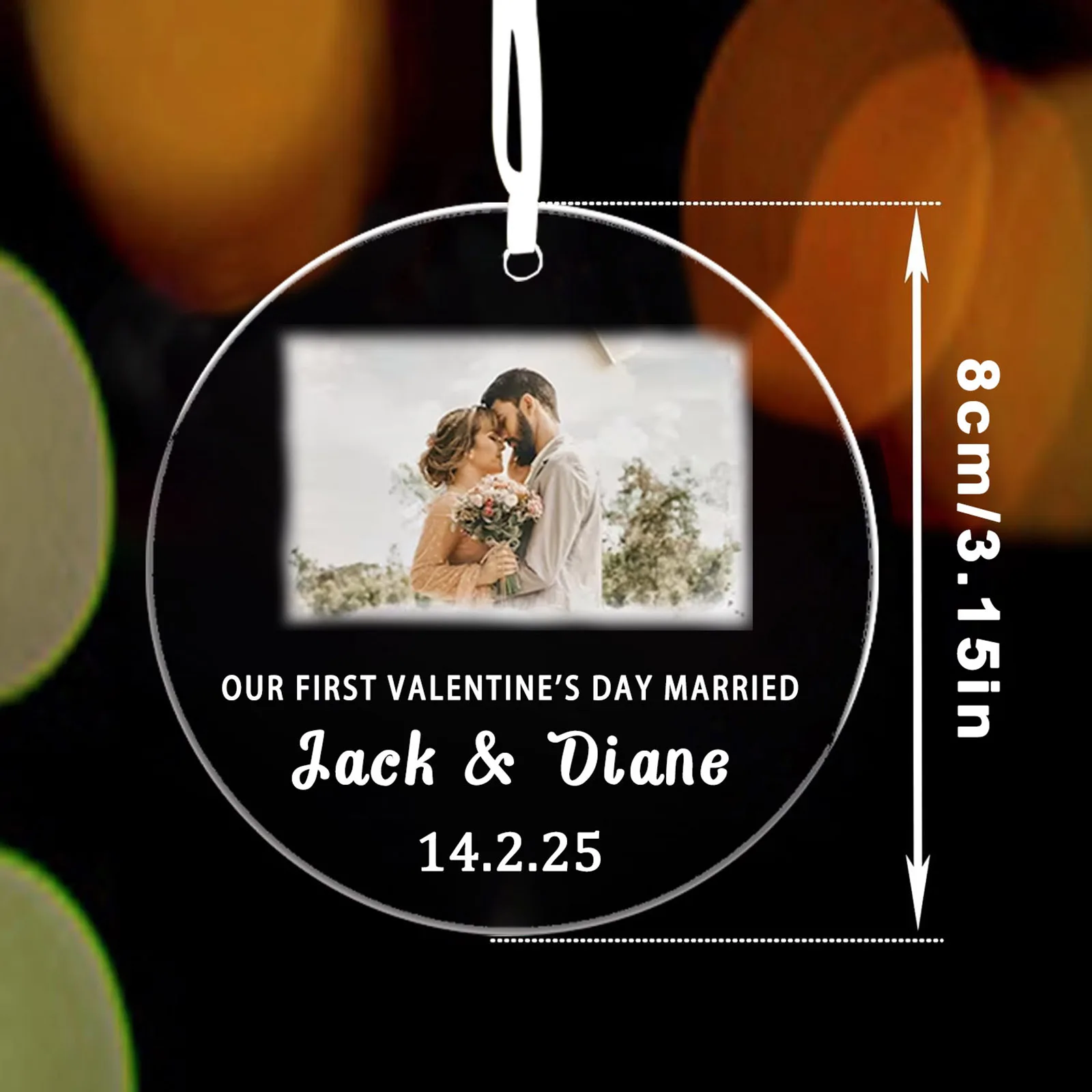 Personalized photo acrylic decoration, custom name and date round keepsake, 3.15inch gift for weddings, anniversaries, Valentine's Day or Christmas for couples