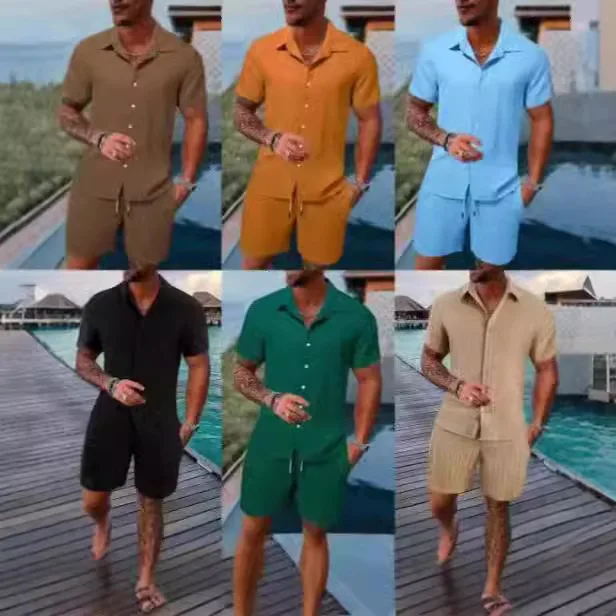 

2026 European and American summer men's casual breathable shirt short sleeved beach pants set men's sweatpants and joggers