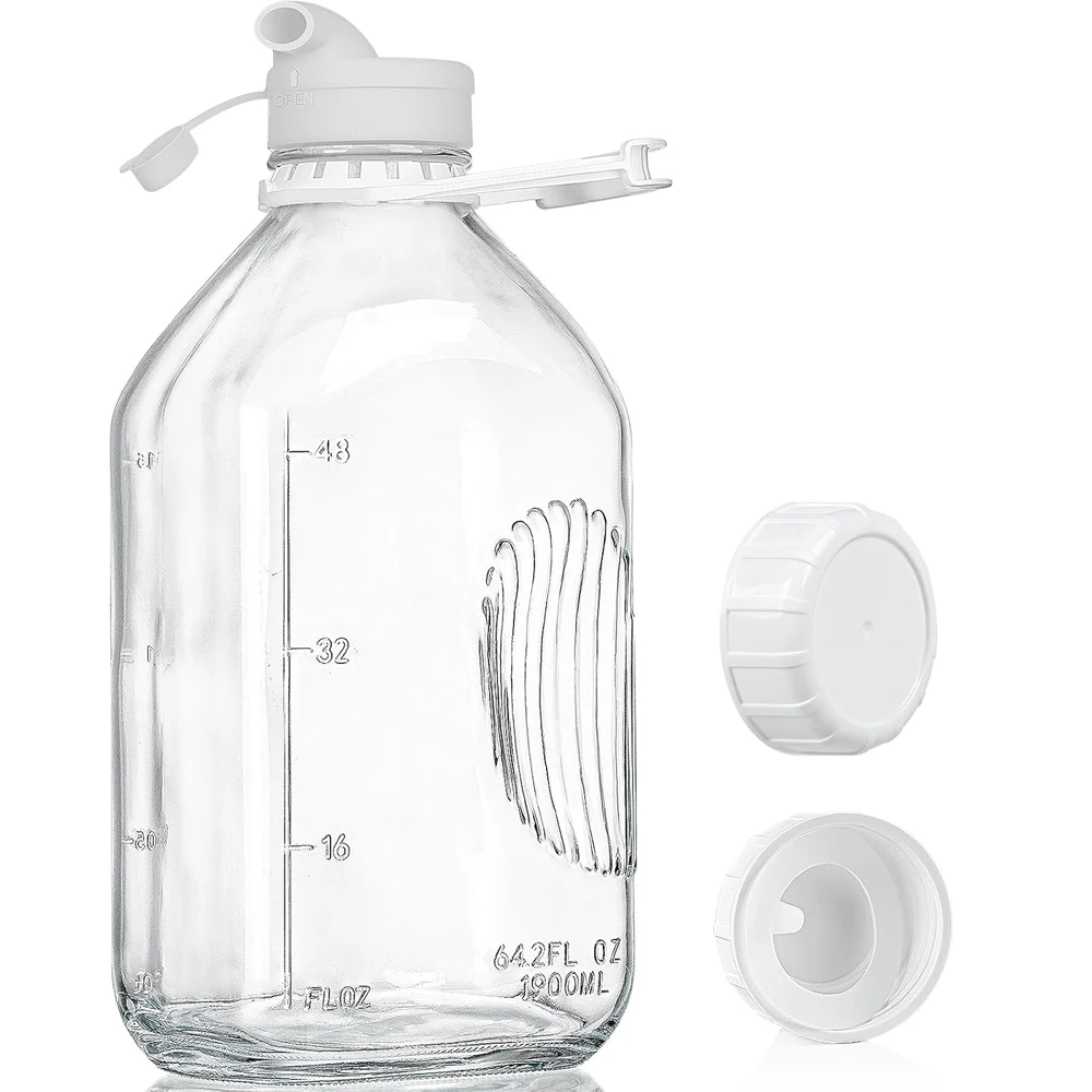 64Oz 2L Heavy Duty Glass Milk Bottle with Reusable Airtight Strong SCREW LID Water Bottles with Scale Line 2Qt Glass Milk Bottle