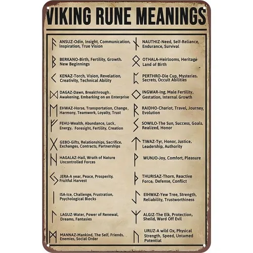 Viking Rune Meaning Tin Sign Knowledge Wall Decor Artwork Gift for Lover Cafe