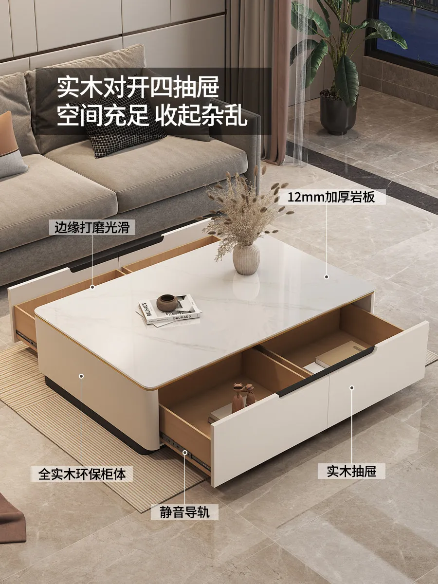 Solid wood Nordic white rectangular rock slab coffee table light luxury modern small apartment living room household Internet ce