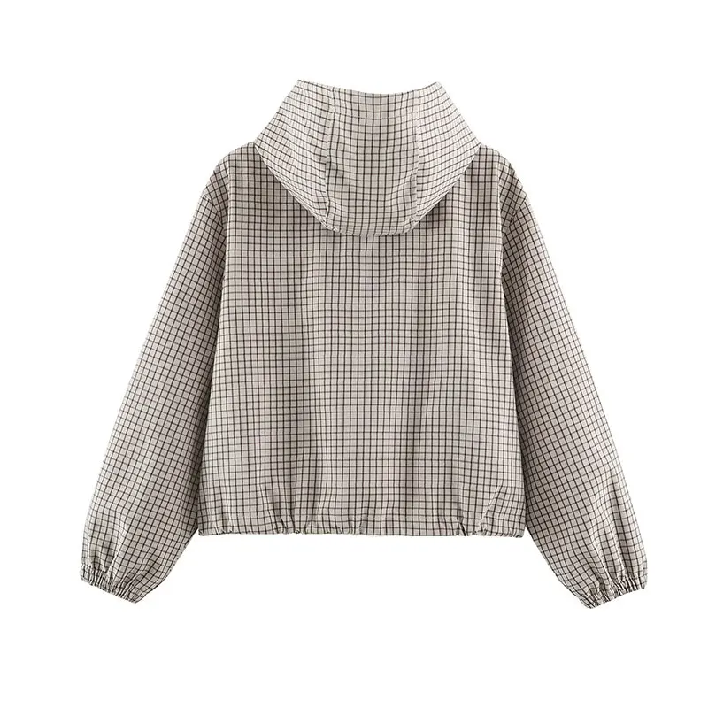 NLZGMSJ 2026 Autumn Women Casual Plaid Hooded Jacket Chic Long Sleeve Drawstring Zipper Loose Short Jackets Street Coat