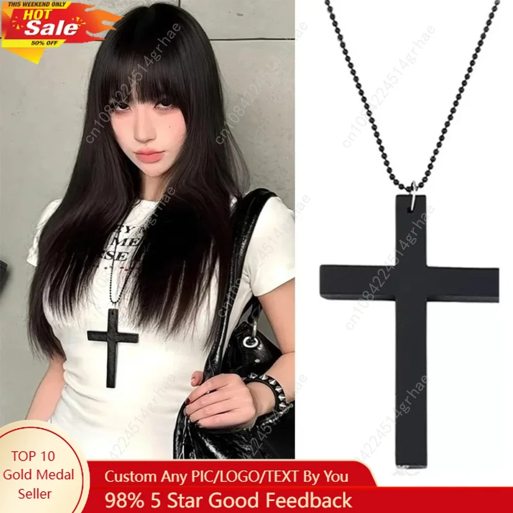

Fashion Punk Gothic Wood Cross Pendant Necklace for Women Men Halloween Vintage Black Hip Hop Y2K Accessories Party Jewelry Gift