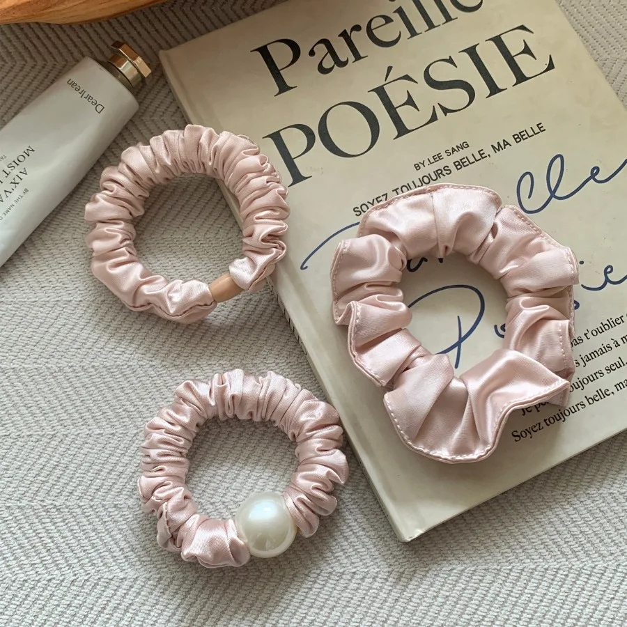 Korean new sweet nude pink satin folded pearl hair rings for women high-class feeling not hurt hair tie head rope hair accessor - Detail 1