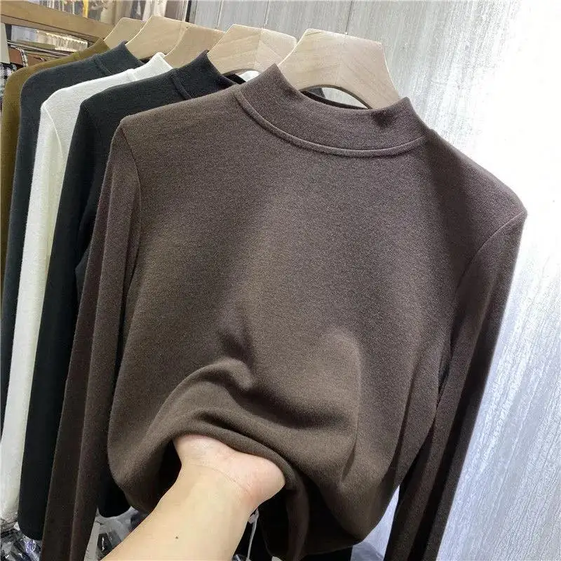 Cationic Ultra Soft Double Sided Velvet Half High Collar Base Shirt Autumn Winter Slim Fit Korean Style Long Sleeve T-Shirt