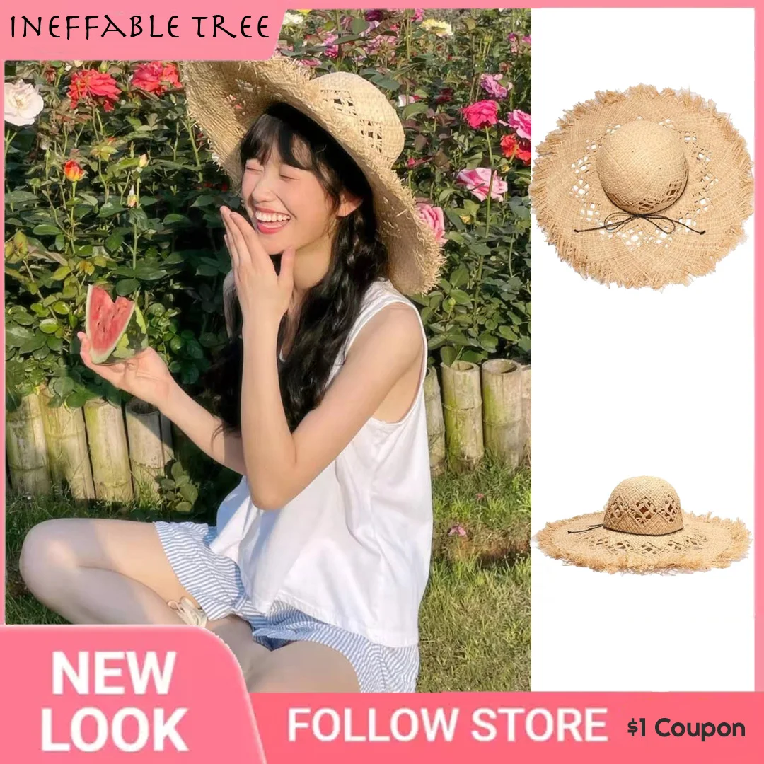 

Suitable for Seaside Photo Straw Hat Female Sunshade Raffia Straw Woven Hat Beach Vacation Large Eaves Hollow Sun Caps Gorras