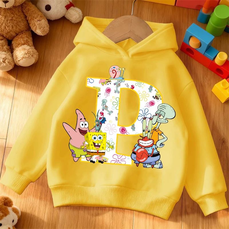 SpongeBobs Hoodies Girls Boys Kawaii Letter A-Z Sweatshirt Tops Children Winter Autumn Pullover Long Sleeves Kids Clothes Gift