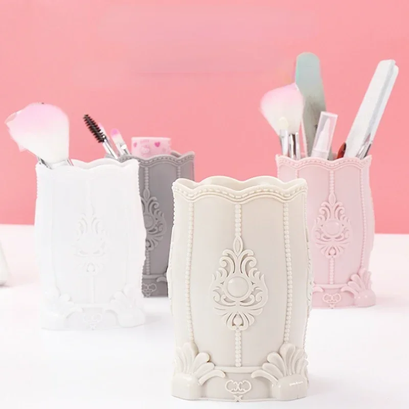 Vintage Flower Carved Pattern Makeup Brush Storage Box Brush Pen Pencil Storage Pot Holder Container Desk Organizer Gift