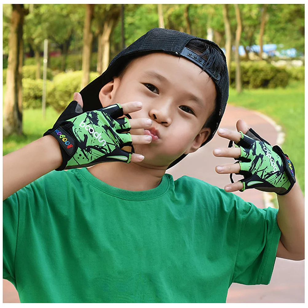 Kids Outdoor Sports Half Finger Gloves Green Totem Size L Breathable Shock-Absorbing Non-Slip Cycling Climbing Workout Gloves